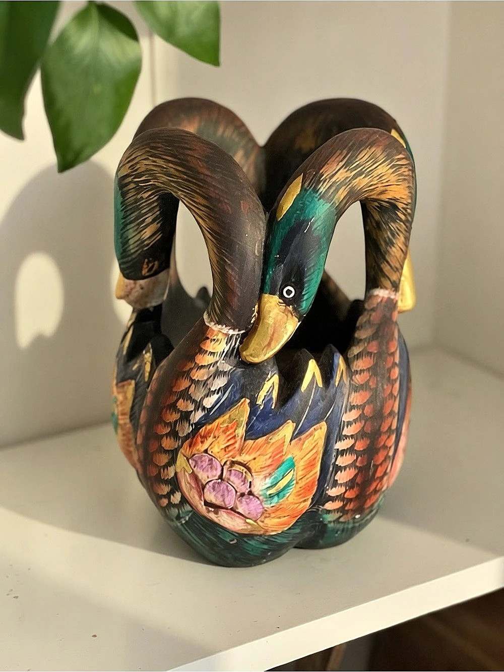 Vintage Unique Folk Hand-Painted Duck Wooden Sculpture Planter